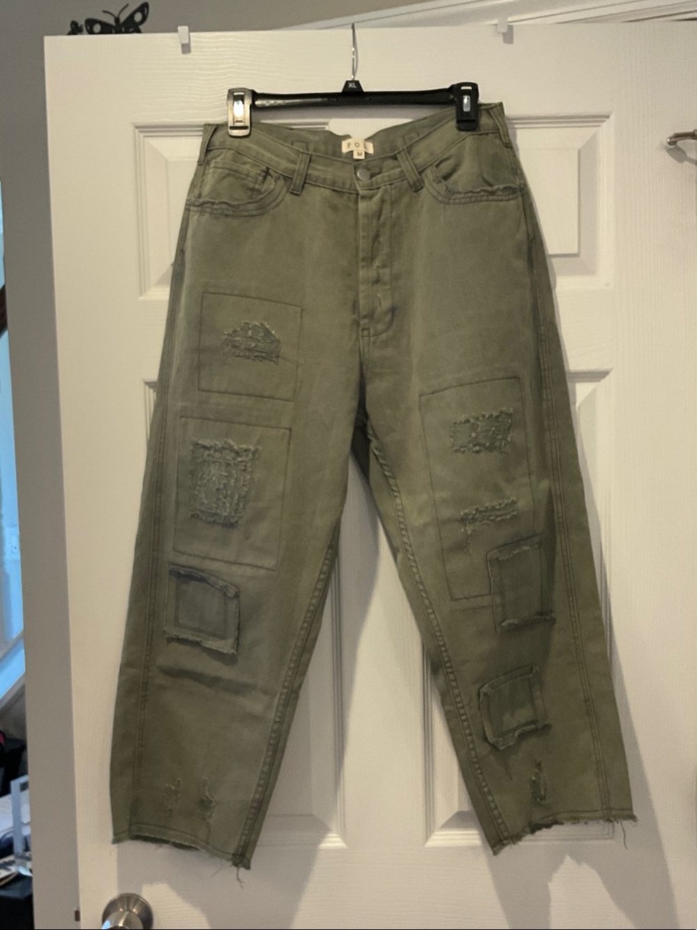 POL Distressed Olive Green Patchwork Cropped Pants
